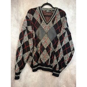 Vintage Impact XL Men's Argyle V-Neck Sweater with Genuine Leather Trim